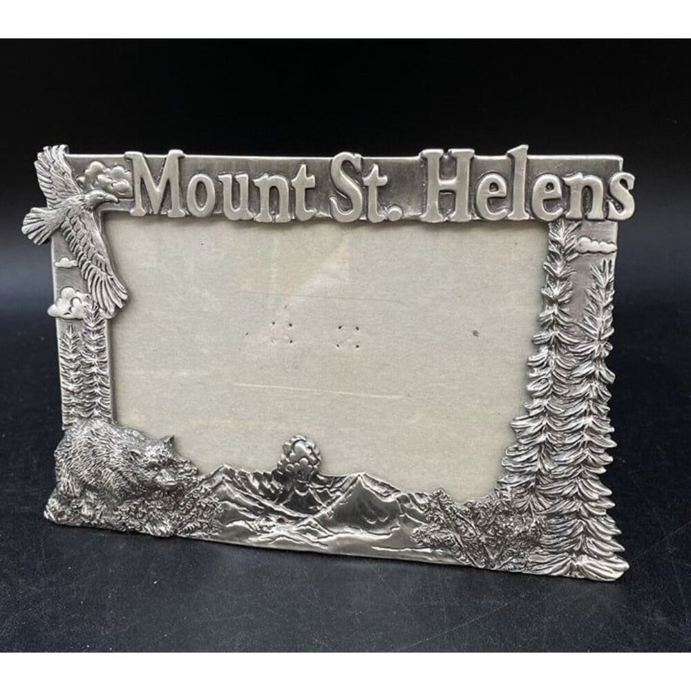 Vintage Pewter Picture Frame Mount St Helens Nature Mountain Trees Eagle 4x6